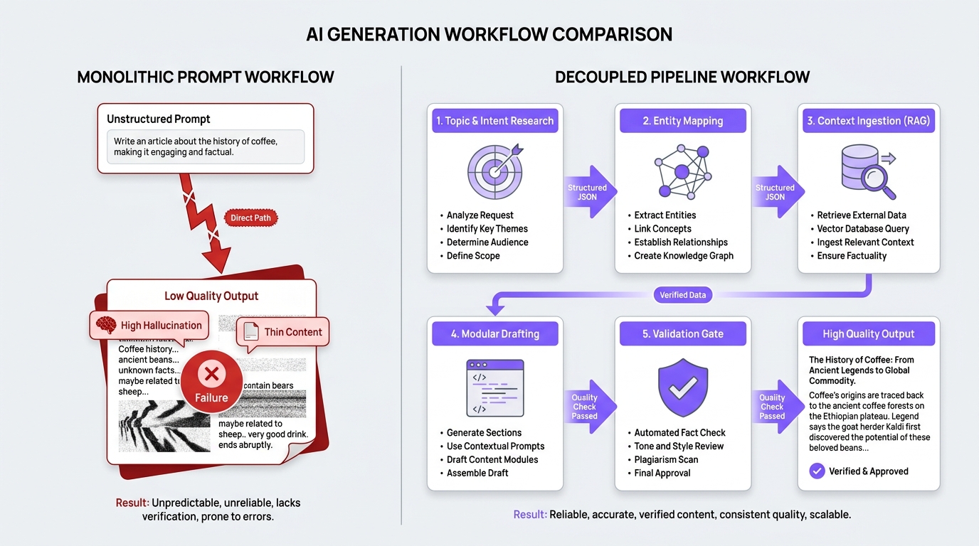 Monolithic AI generation vs. decoupled content pipeline workflow
