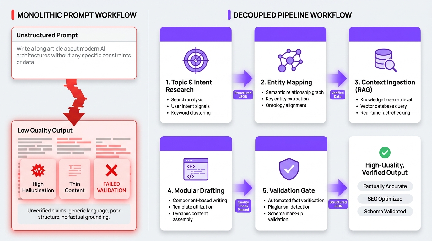 Automated AI content quality control dashboard showing plagiarism, information gain, entity density, and publishing approval