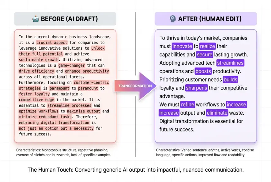 A comparison visual showing a verbose AI draft versus a concise, human-edited version of the same text.