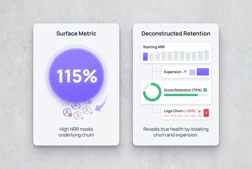 A diagram comparing high surface level NRR against deconstructed retention metrics showing underlying churn