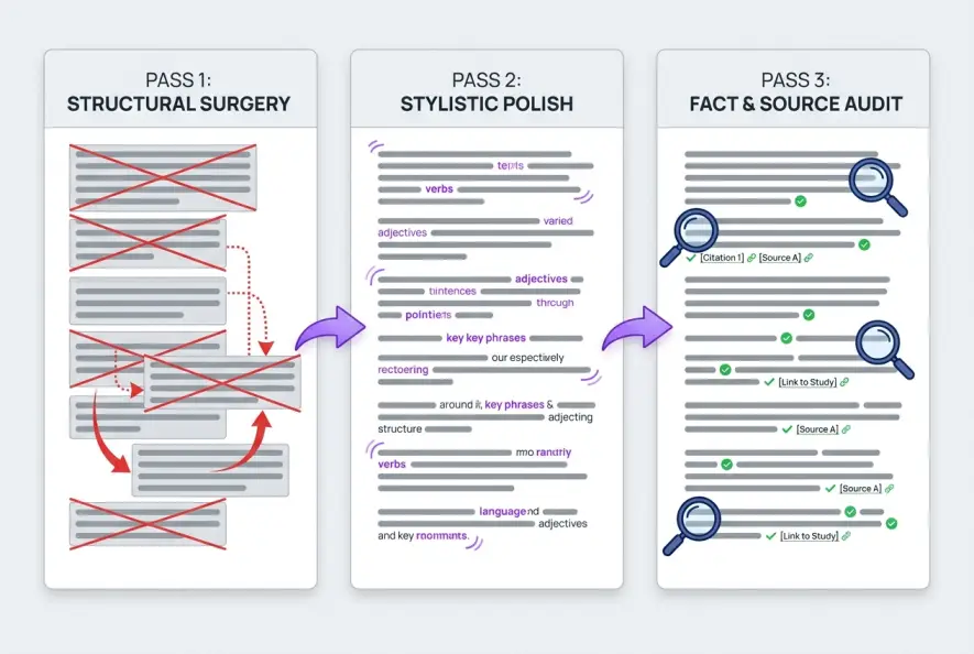 A three-stage workflow diagram showing structural editing, stylistic polishing, and fact-checking steps for AI content.