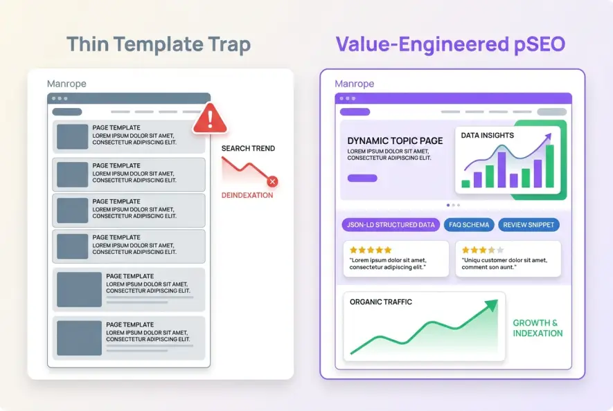 Comparison diagram contrasting thin template programmatic SEO with entity-enriched database page architecture.