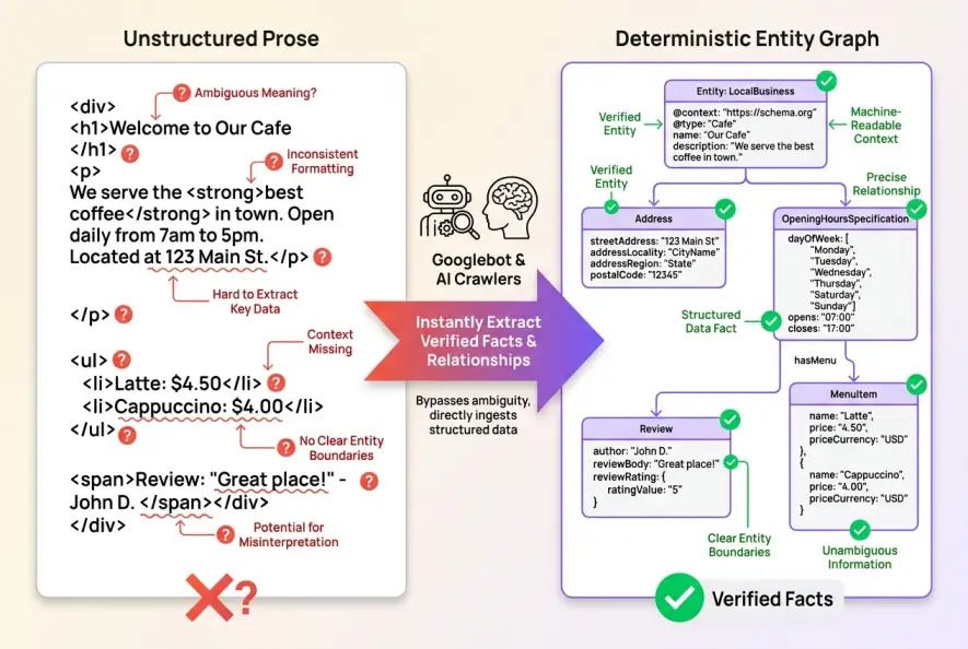 Comparison diagram of unstructured HTML versus structured JSON-LD schema markup for search engines.