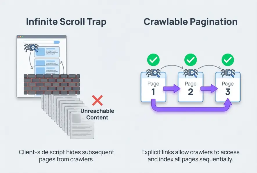 Comparison diagram showing infinite scroll crawl traps versus crawlable pagination architecture