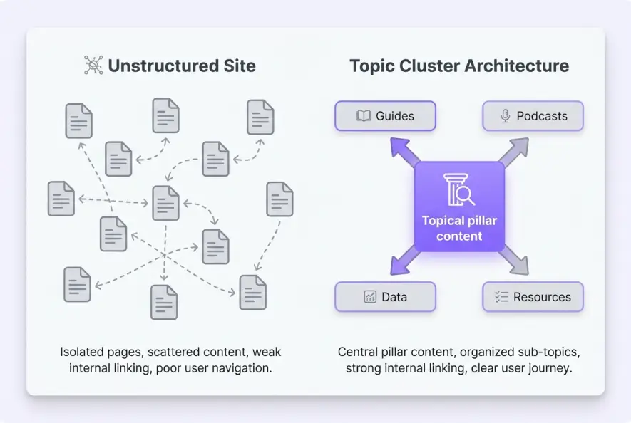 Comparison diagram showing unstructured orphan pages versus a structured topic cluster internal link architecture.
