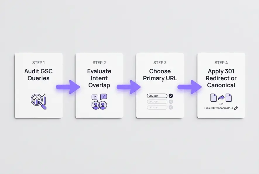 Decision flowchart outlining steps to audit and fix cannibalized web pages