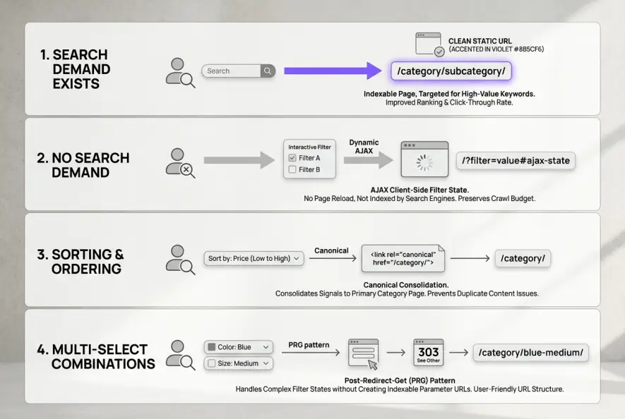 Decision tree diagram comparing SEO handling methods for faceted navigation based on search intent and crawl demand