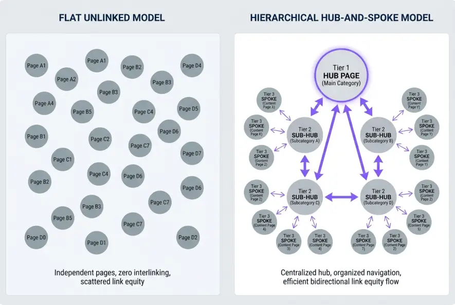 Diagram comparing a flat unlinked site architecture with a hierarchical hub-and-spoke topical map