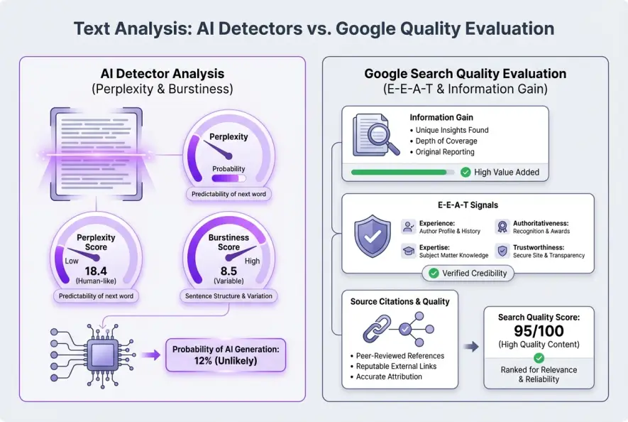 Diagram comparing AI detector metrics against Google search quality signals.