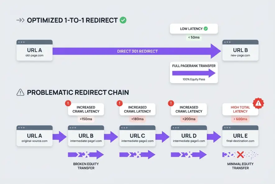 Diagram comparing direct single-hop redirects versus multi-hop redirect chains in technical SEO.