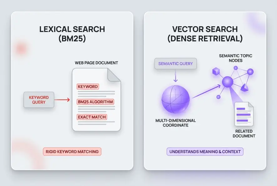 Diagram comparing lexical keyword matching with vector search dense retrieval and embeddings.