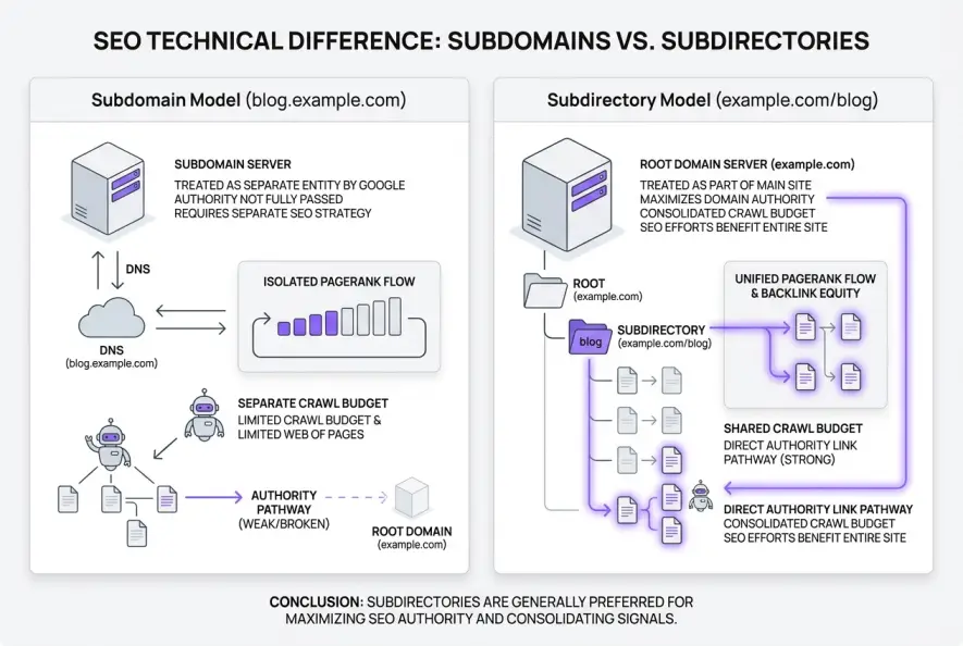 Diagram comparing subdomain isolated DNS routing with subdirectory unified link equity distribution.
