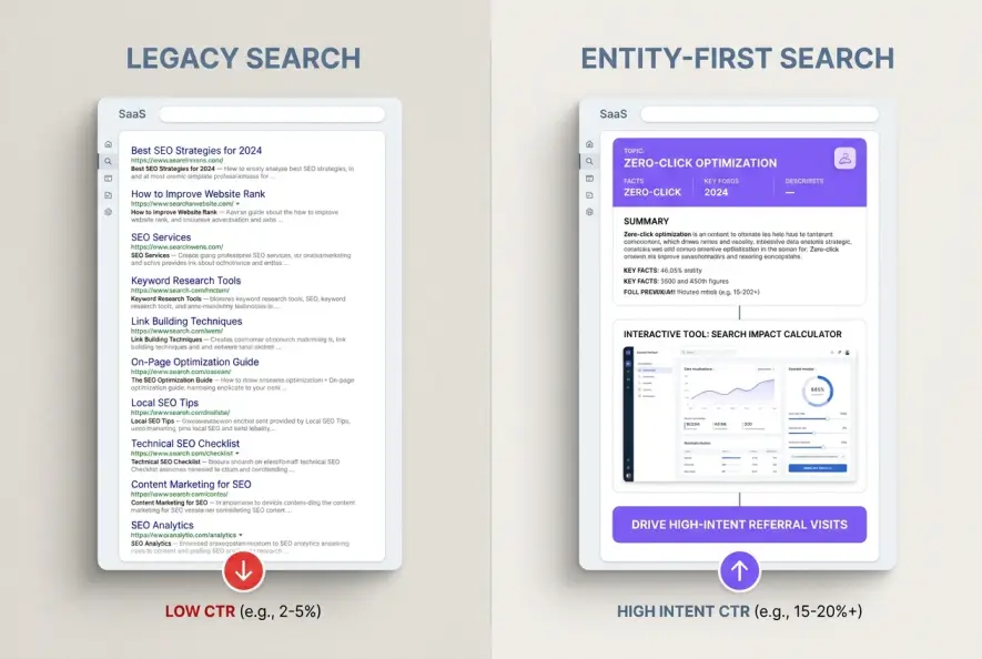 Diagram comparing traditional link-based SEO with modern entity-first zero-click search optimization tactics.