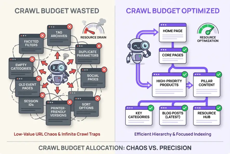Diagram comparing wasteful crawl budget allocation with optimized search engine crawling
