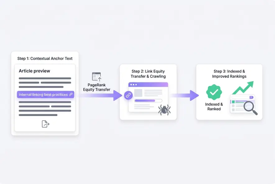 Diagram demonstrating contextual link placement, PageRank flow, and search indexation workflow.