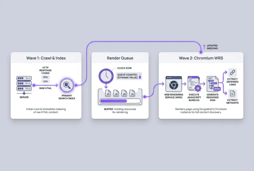 Diagram illustrating Google's two-wave crawling and JavaScript rendering pipeline