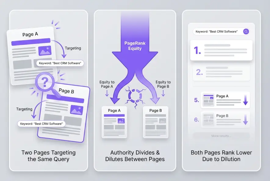 Diagram illustrating how keyword cannibalization splits PageRank and lowers search rankings