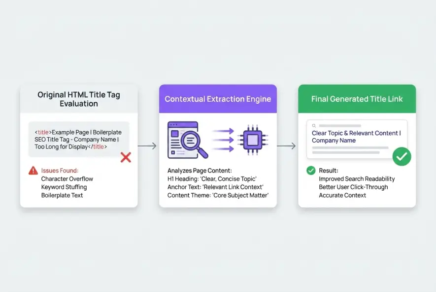 Diagram illustrating how search algorithms process and replace title tags in search results