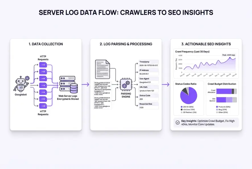 Diagram illustrating server log file analysis process from bot crawl to SEO data metrics