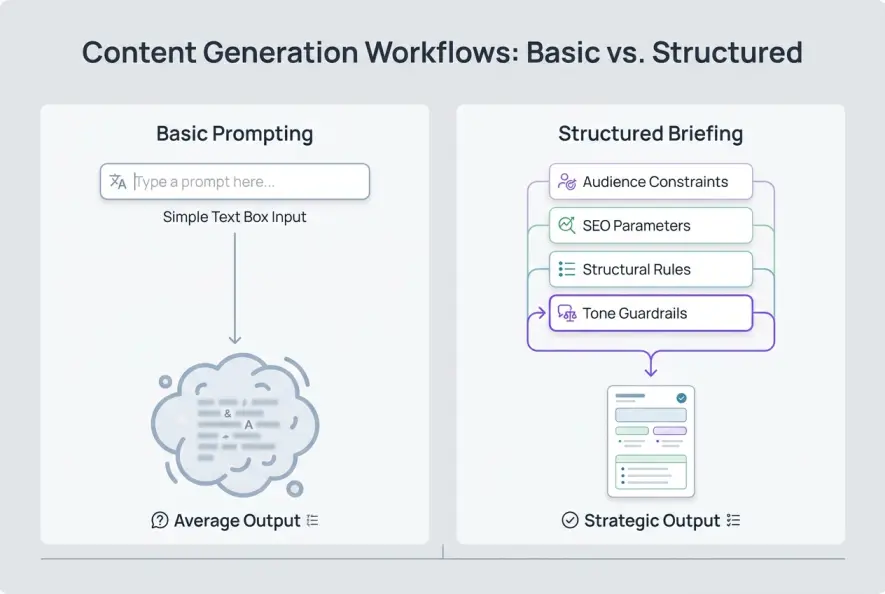 Diagram illustrating the difference in output quality between basic prompts and structured AI content briefs.