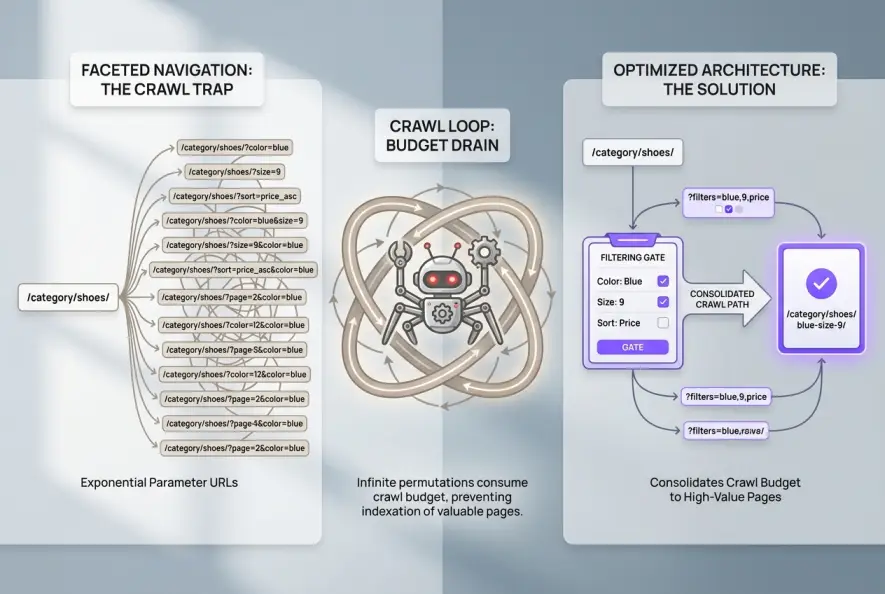 Diagram showing how faceted navigation URL parameters cause crawl traps versus clean consolidated SEO architecture