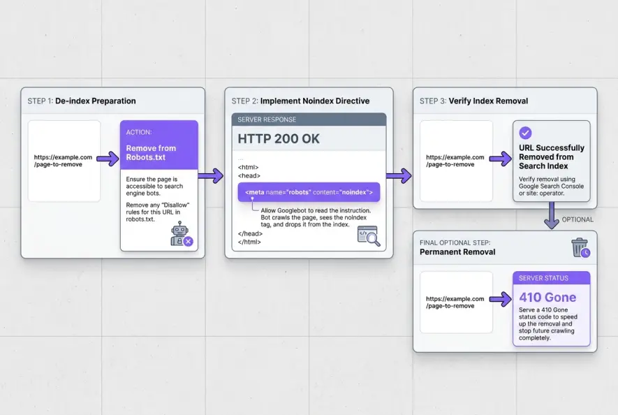 Flowchart detailing the correct sequence for de-indexing blocked pages using noindex headers.