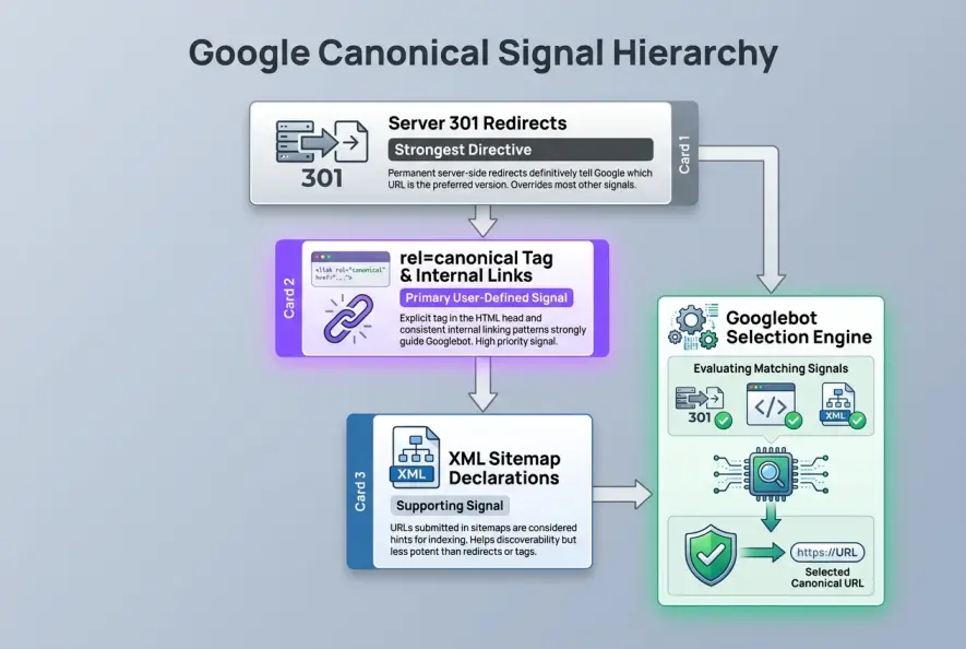 Flowchart diagram illustrating Google's canonical signal hierarchy and URL selection criteria.