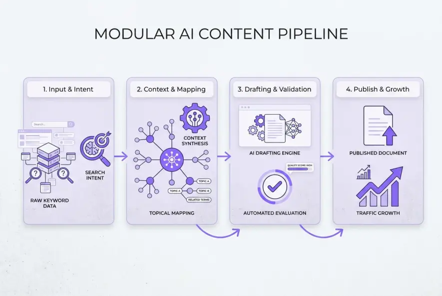 Four-step diagram illustrating the stages of an automated AI content pipeline with integrated evaluation loops