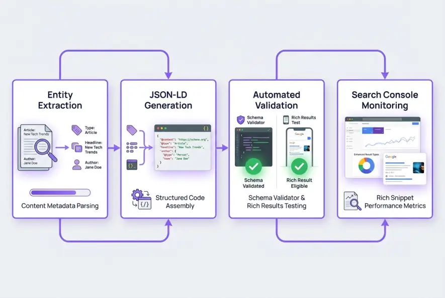 Four-step schema markup validation and automated deployment workflow infographic.