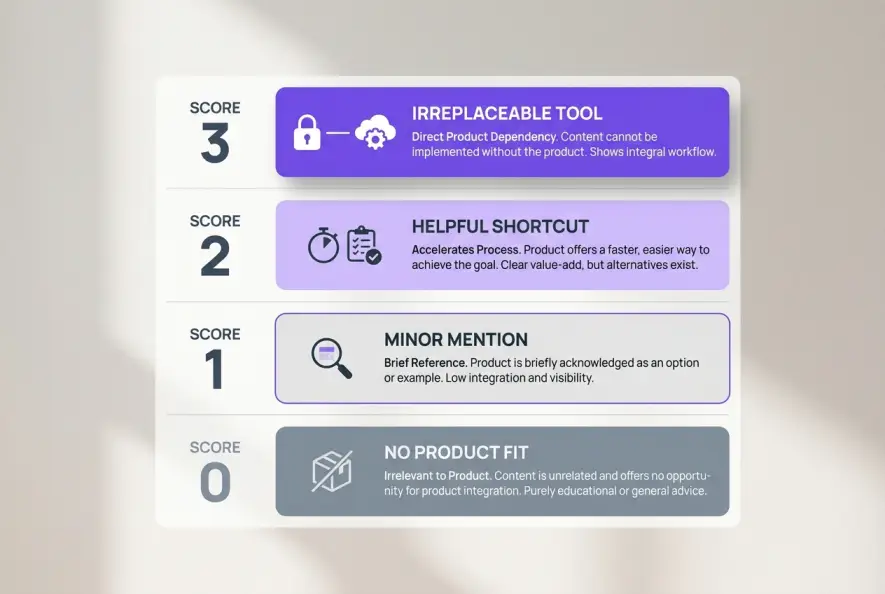 Four-tier business potential scoring framework for evaluating product-led content topics.