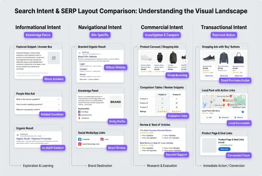 Infographic breaking down the four main categories of search intent and SERP layout patterns.