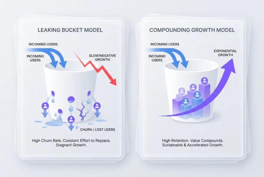 Infographic comparing a high-churn leaking bucket business model against a high-retention compounding growth model.