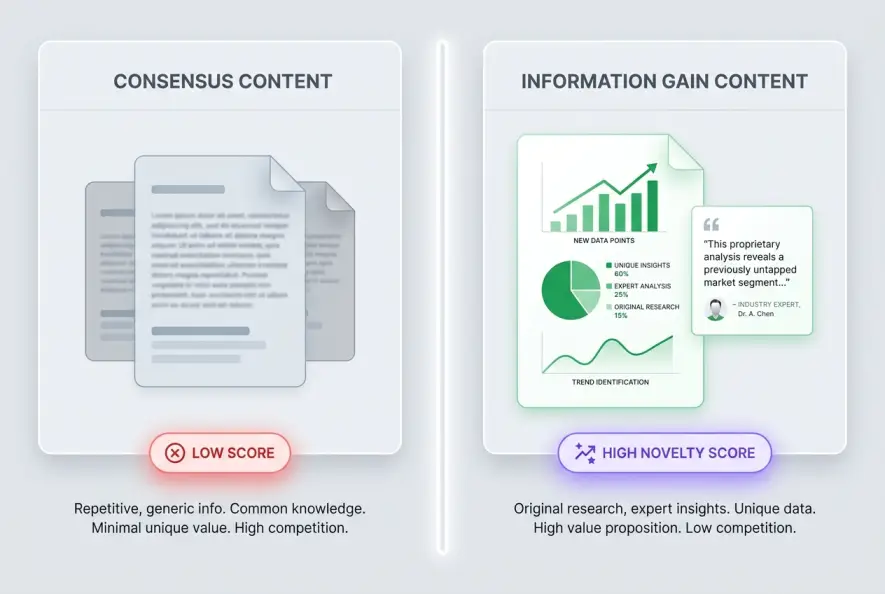Infographic comparing generic SERP consensus content versus high information gain content with unique data.