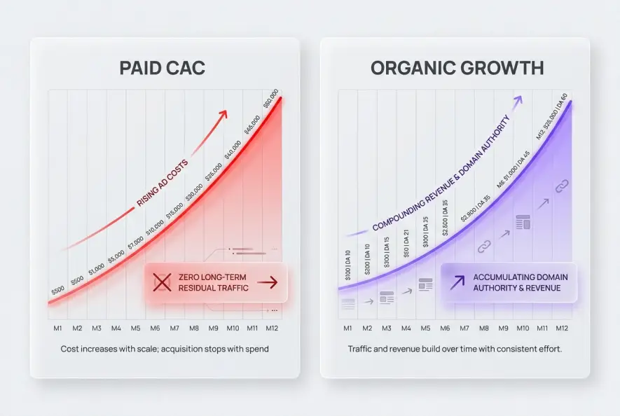 Infographic comparing paid advertising costs against compounding organic revenue growth over time.