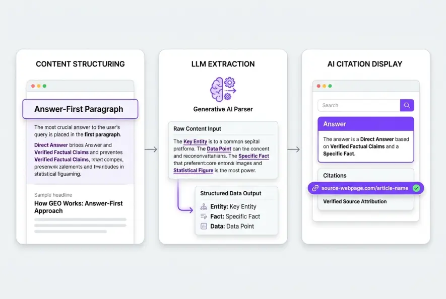 Infographic demonstrating the three stages of AI search retrieval and factual citation.