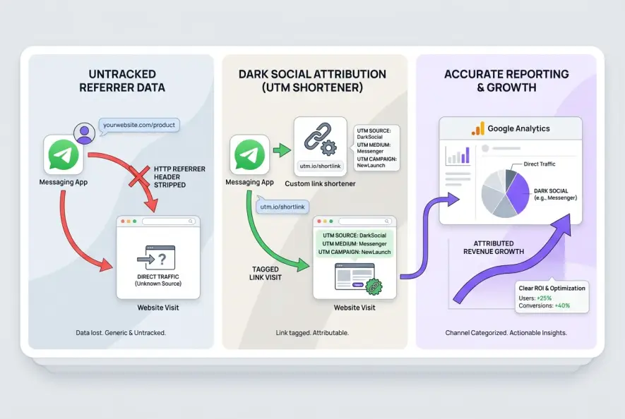 Infographic detailing how private share links lose referrer data and how custom UTM tags preserve dark social traffic attribution.
