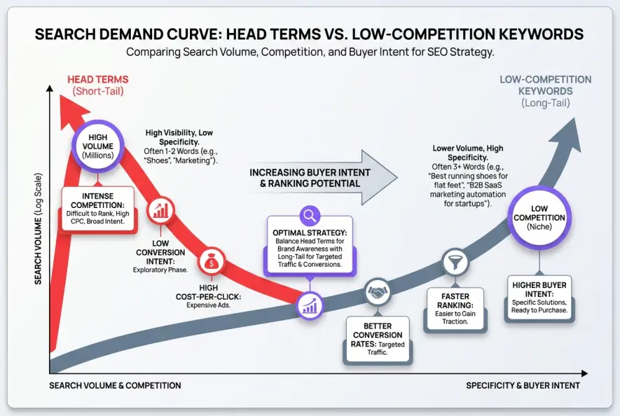 Infographic diagram of the search demand curve comparing high-volume keywords to low-competition terms