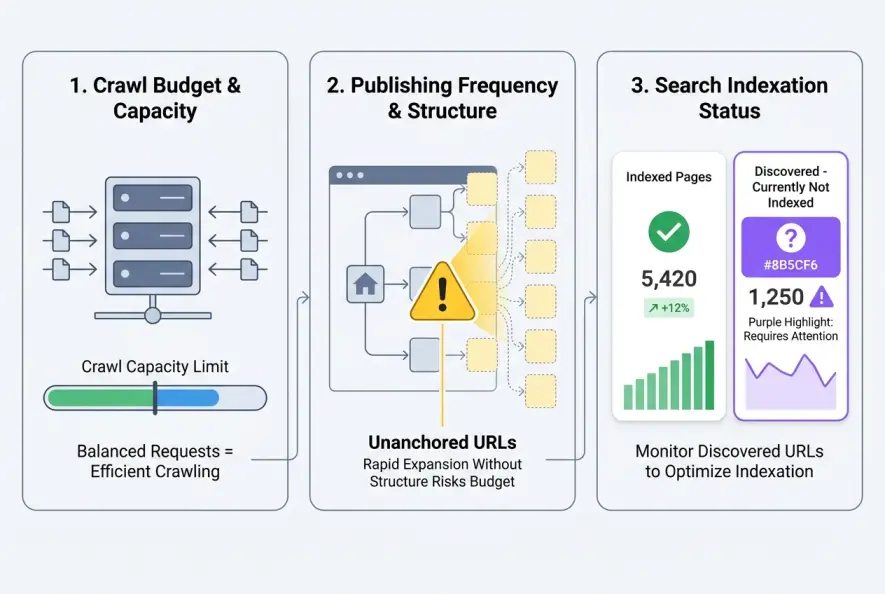 Infographic showing how crawl capacity and publishing volume impact Google Search Console indexing.
