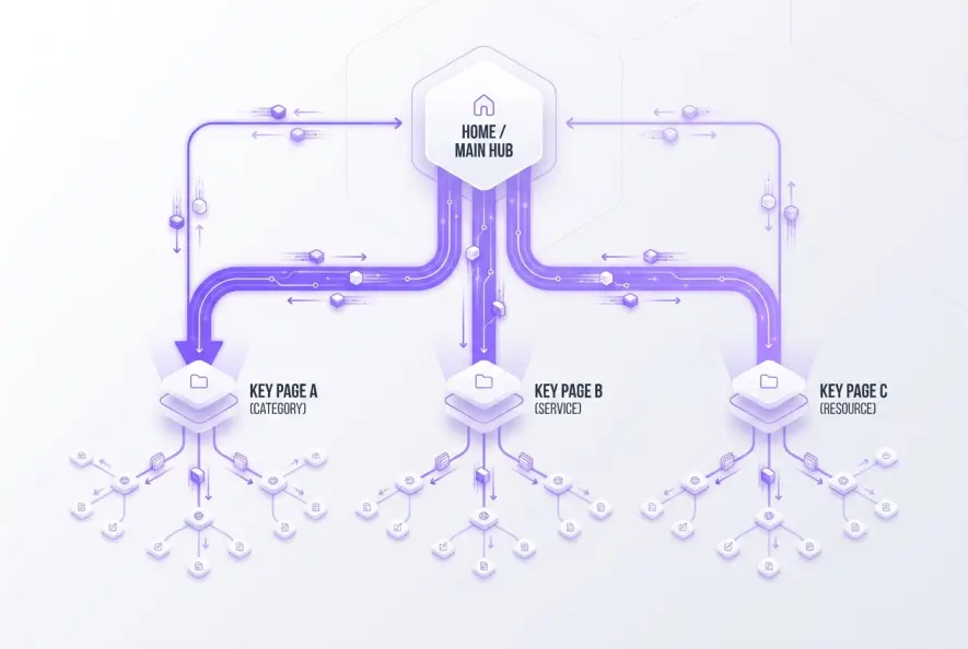 Infographic showing how internal links pass SEO authority to new pages.