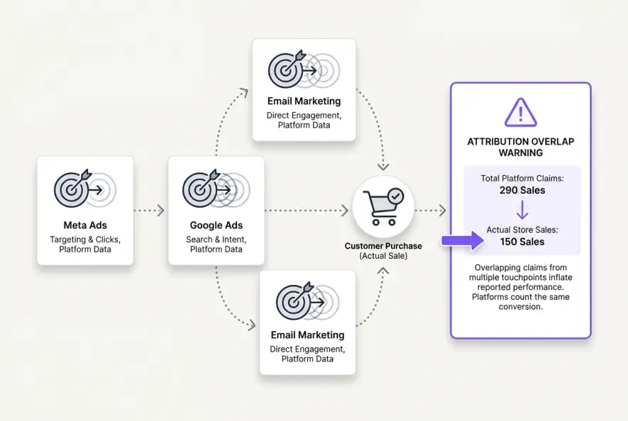 Infographic showing overlapping conversion tracking claims across Meta, Google, and email marketing.
