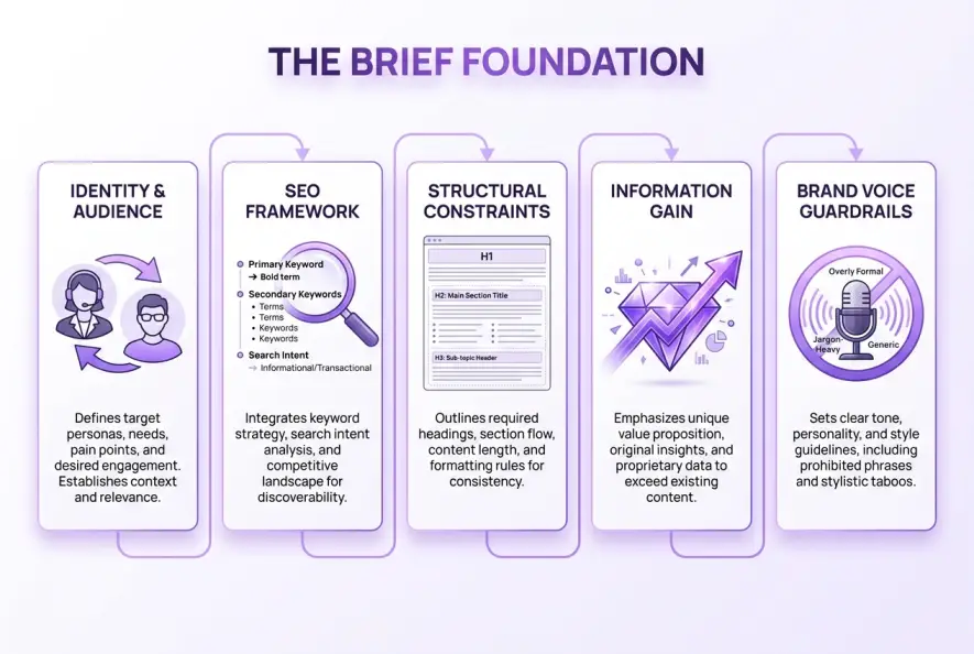 Infographic showing the five essential pillars of an effective AI content brief: Identity, SEO, Structure, Information Gain, and Brand Voice.