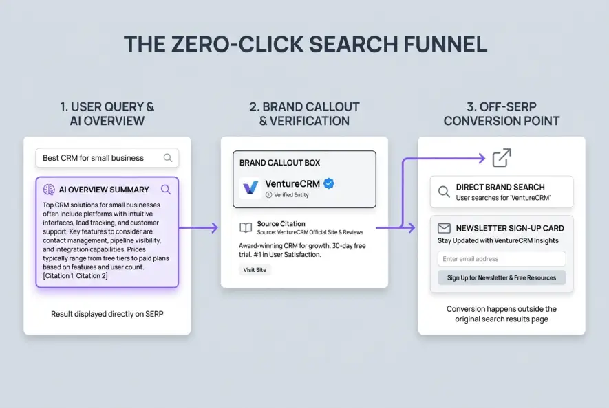 Infographic showing the three-stage zero-click search funnel from query summary to off-SERP brand conversion.