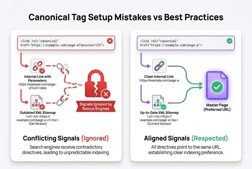 Side-by-side comparison of conflicting canonical signals versus aligned SEO canonicalization.