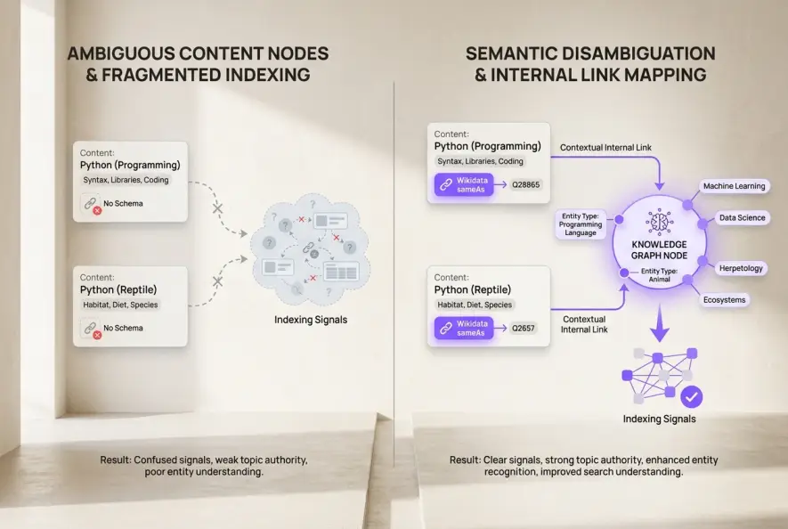 Side-by-side diagram comparing ambiguous content indexing versus structured entity disambiguation and semantic internal links.