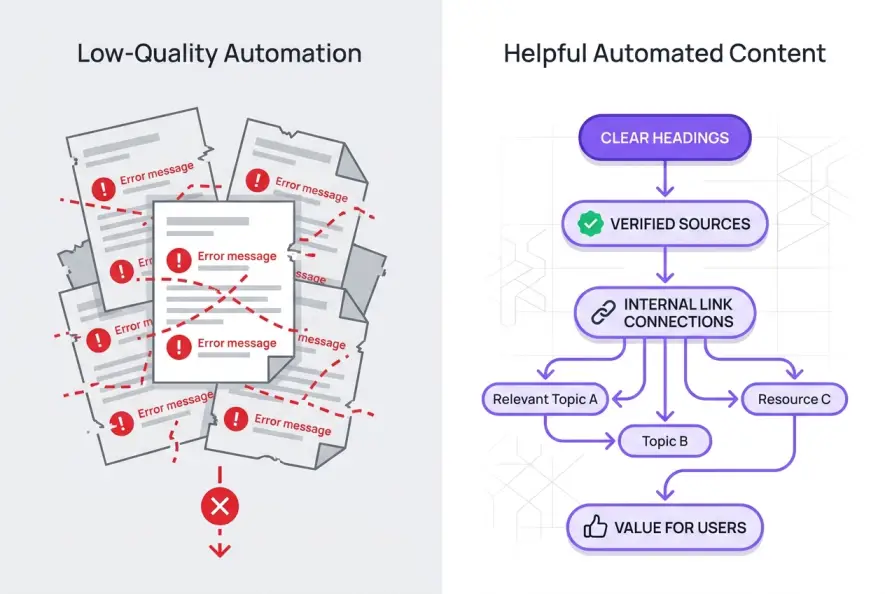 Side-by-side diagram comparing low-quality content automation against high-ranking helpful automated content.