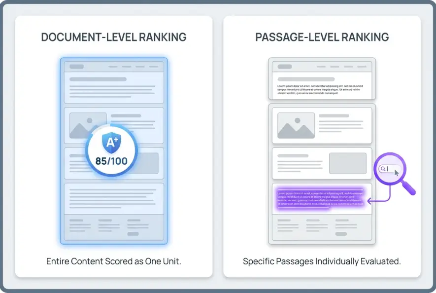 Side-by-side diagram comparing traditional document-level ranking with passage indexing on long webpages.