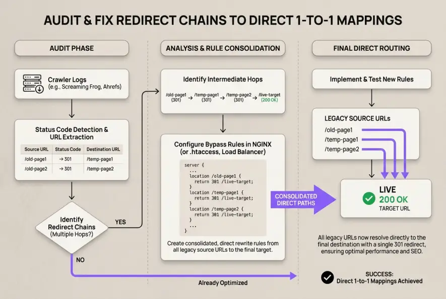 Step-by-step flowchart showing redirect chain audit and 1-to-1 URL consolidation workflow.