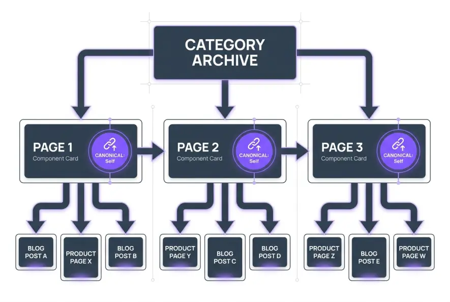 Technical architecture diagram showing canonical tagging and PageRank distribution in pagination