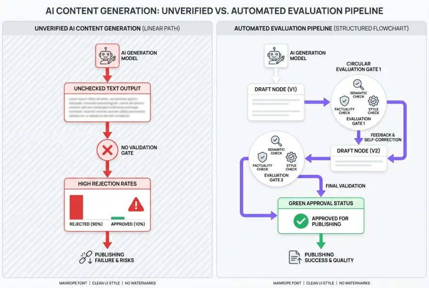 Technical flowchart comparing unchecked AI generation with an automated evaluation loop pipeline