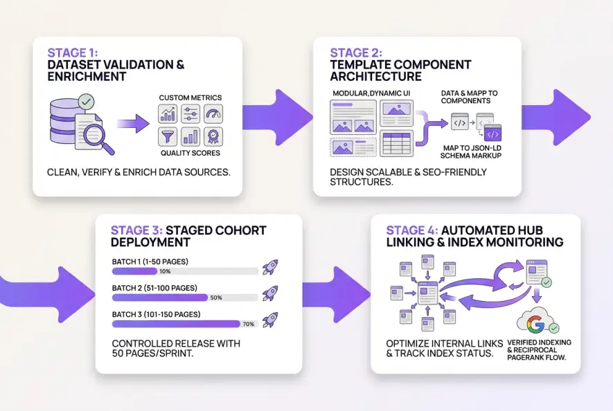 Technical workflow diagram detailing the four stages of building a defensible programmatic SEO publishing engine.
